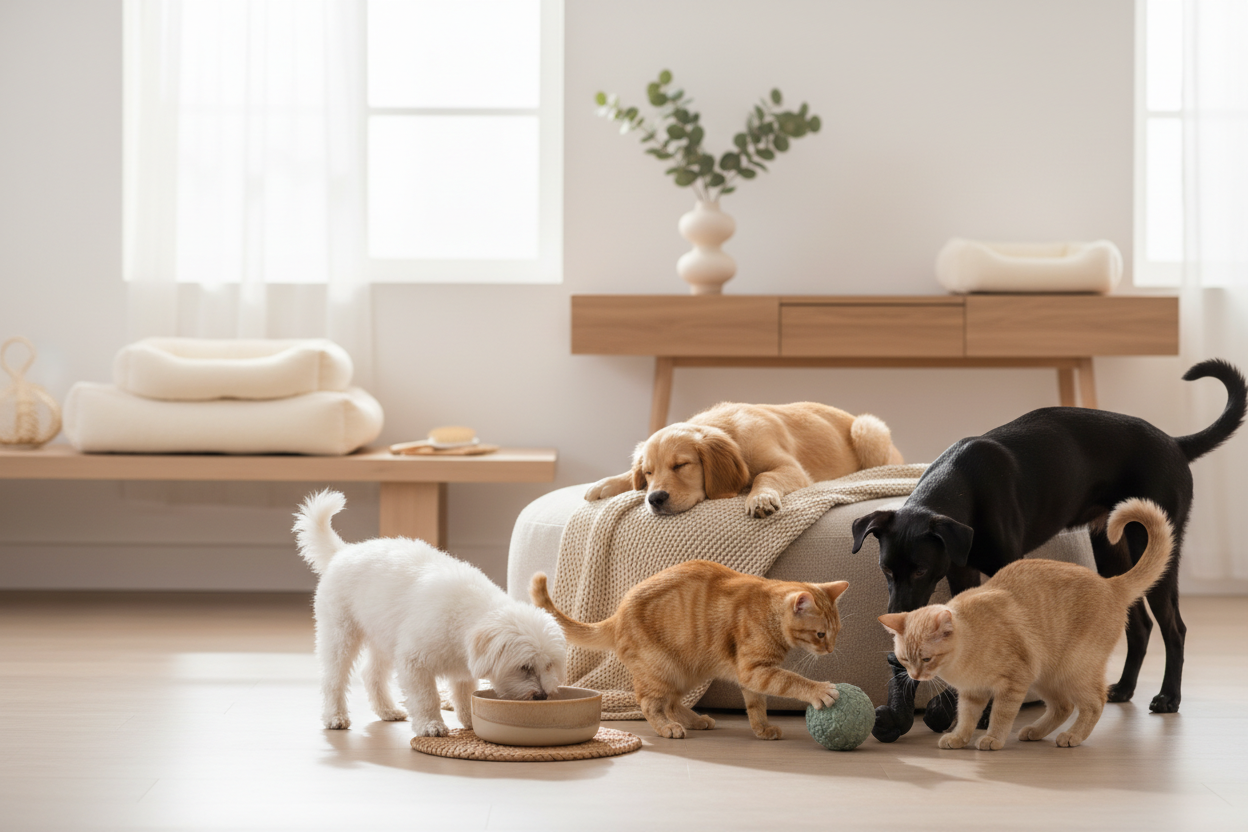 Petora Premium Hero Image - Living Room with Pets and Products